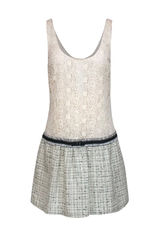 Rebecca Taylor - White Lace "Daisy" Drop Waist Dress w/ Tweed Sz 10 Flowy Lace Dress