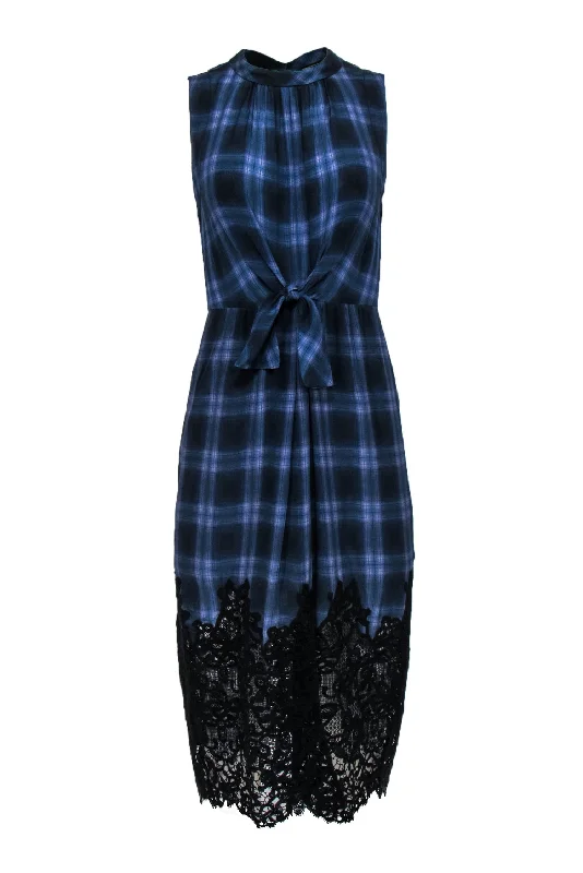 Rebecca Taylor - Navy & Purple Plaid Sleeveless Tie Front Dress w/ Lace Hem Lace Wedding Gown