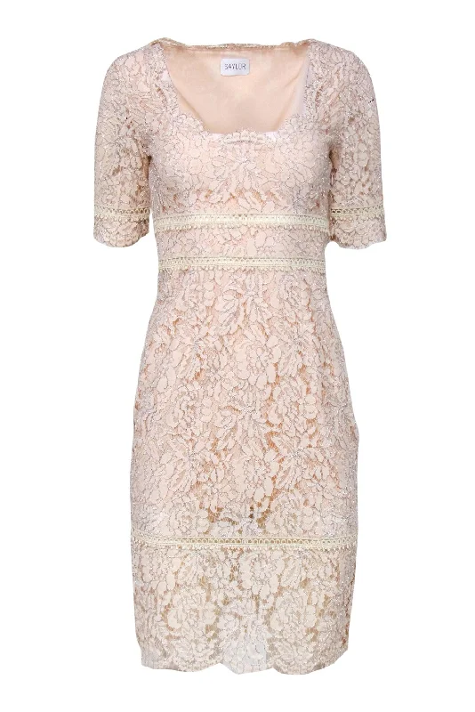 Saylor - Blush Lace Scoop Neck Sheath Dress w/ Eyelet Inserts Sz 4 Lace Dress Modern