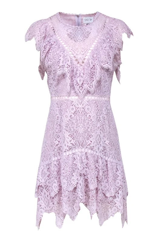 Saylor - Lavender Lace Cap Sleeve Sheath Dress w/ Eyelet & Embroidered Trim Sz L Vintage Lace Gown