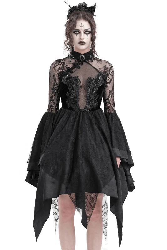 Sheer Lace Dress with Appliques and Flared Sleeves Lace Evening Dress