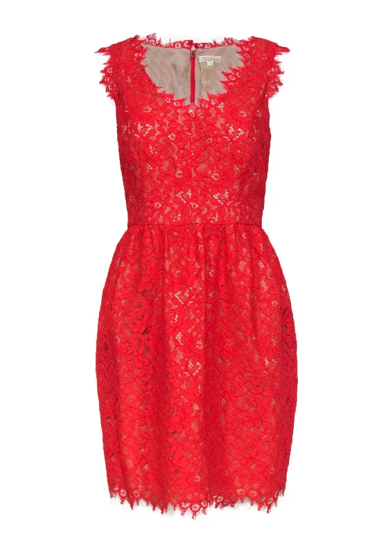 Shoshanna - Red Lace Sleeveless A-Line Dress Sz 12 Lace Bridesmaid Gown