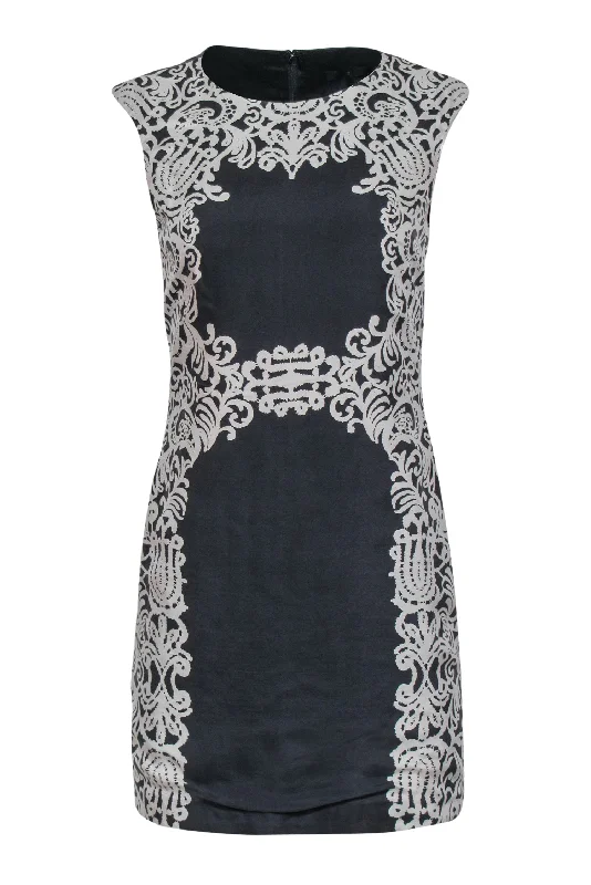 Tibi - Gray & Cream Lace Printed Silk Sheath Dress Sz 4 Lace Cocktail Gown