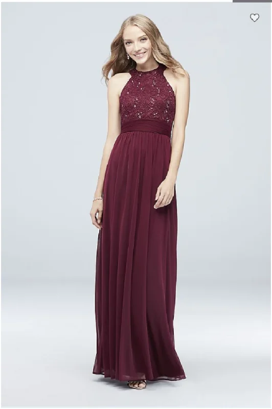 David's Bridal High-Neck Sequin Lace and Chiffon Dress DB STUDIO Lace Detail Gown