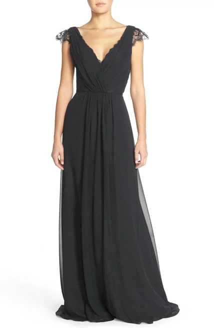 Hayley Paige Lace & Chiffon Cap Sleeve Gown Lace Dress with Belt