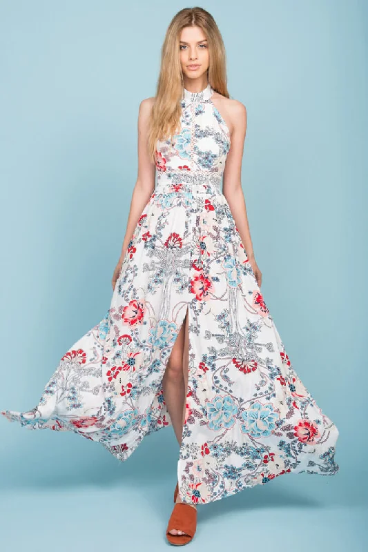 Baylor Floral Maxi Dress White Skirt with Slits