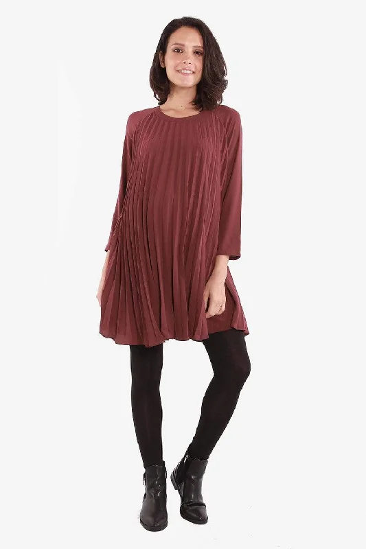 Long Sleeves Brenna Pleats Nursing Dress Maroon Ruffle Long Maxi