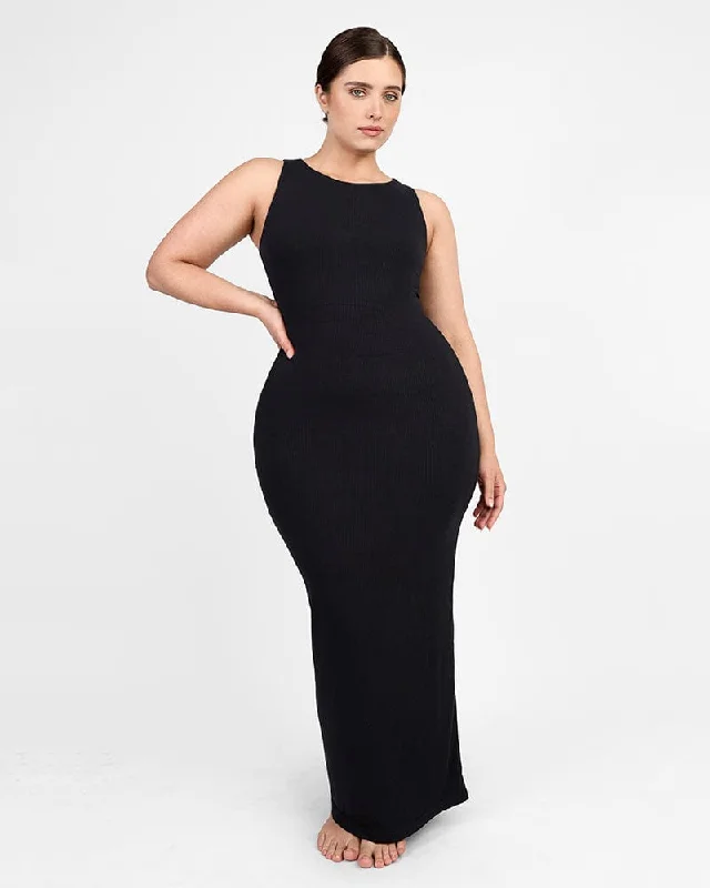 Cozy Ribbed Sleeveless Long Shaping Dress Midi Maxi Outfit