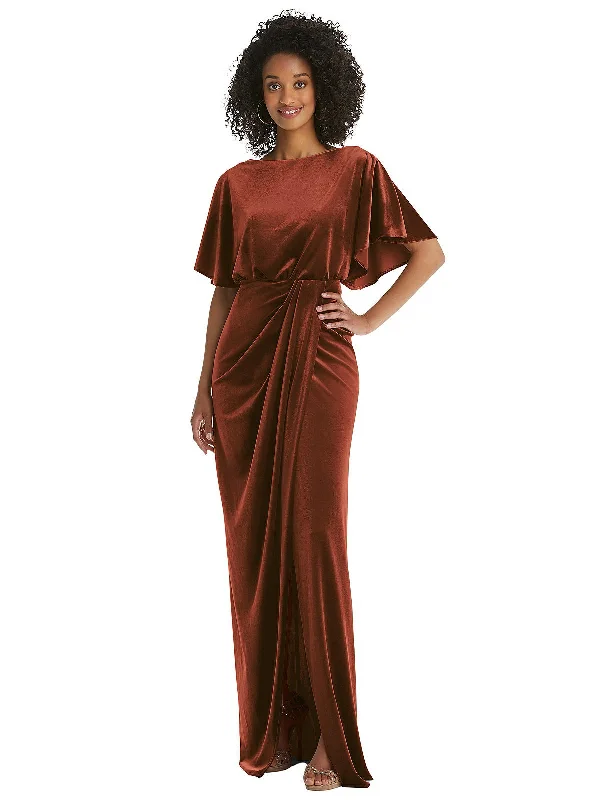 Flutter Sleeve Open-Back Velvet Maxi Dress with Draped Wrap Skirt Maxi Skirt Glam