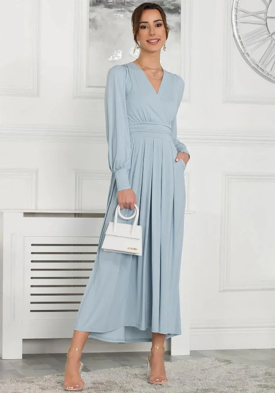 Jolie Moi Rashelle Long Sleeve Maxi Dress, Ice Blue Front Slit Maxi