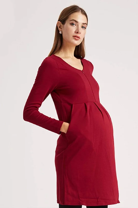 Knitted Bente Long Sleeve V-Neck Maternity Dress Nursing Wine Maxi Skirt Chic