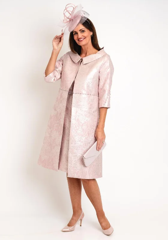 Lizabella Embossed Design Long Jacket & Dress Set, Blush Pink Wrap Maxi Skirt