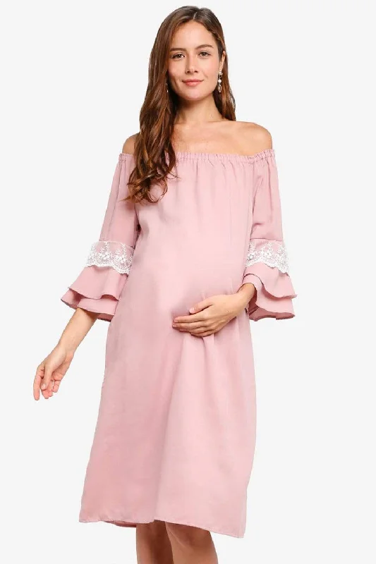 Long Sleeves Off-Shoulder Dericka Dusty Pink Maternity Dress Ruffle Maxi Skirt