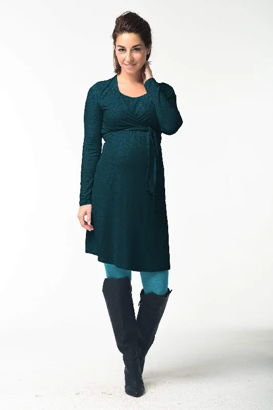 Virginia Tie Up Long Sleeve Bamboo Cotton Nursing Dress Teal Sleek Maxi Skirt