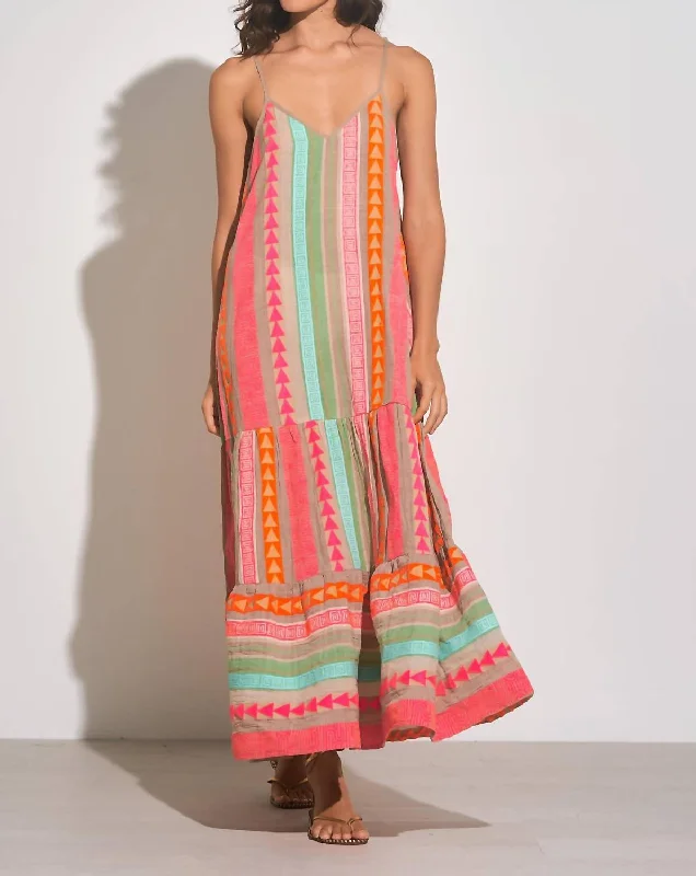 Tulum Maxi Dress In Neon Orange Pleated A-line Skirt