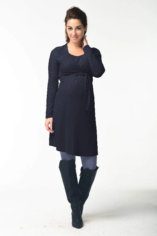 Virginia Tie Up Long Sleeve Bamboo Cotton Nursing Dress Black Front Pocket Maxi