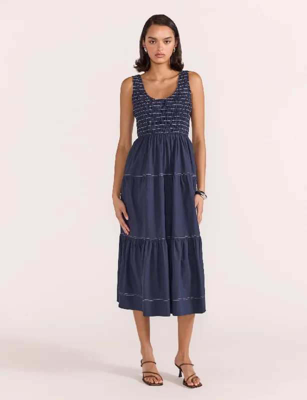 Staple the Label - Asta Shirred Midi Dress Navy Elegant Midi Skirt