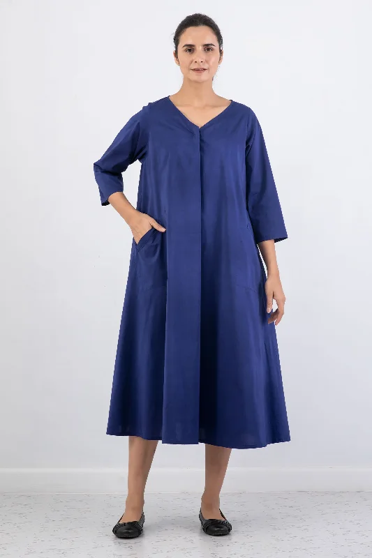 DYED COTTON SILK HEAVY VOILE WAVY V-NECK MAXI WITH SLEEVES - dh1441-blu - Vintage Midi Skirt