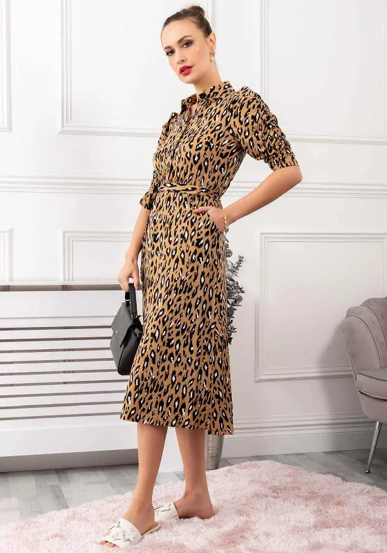 Jolie Moi Calla Midi Dress, Camel Leopard Print Soft Pleated Midi