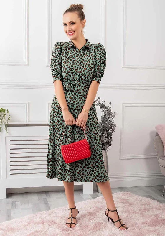 Jolie Moi Calla Midi Dress, Green Leopard Print Everyday Midi Skirt