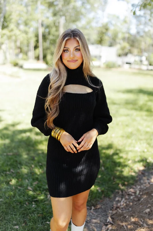 Black Ribbed Cutout Turtleneck Sweater Dress Knit Sweater Dress