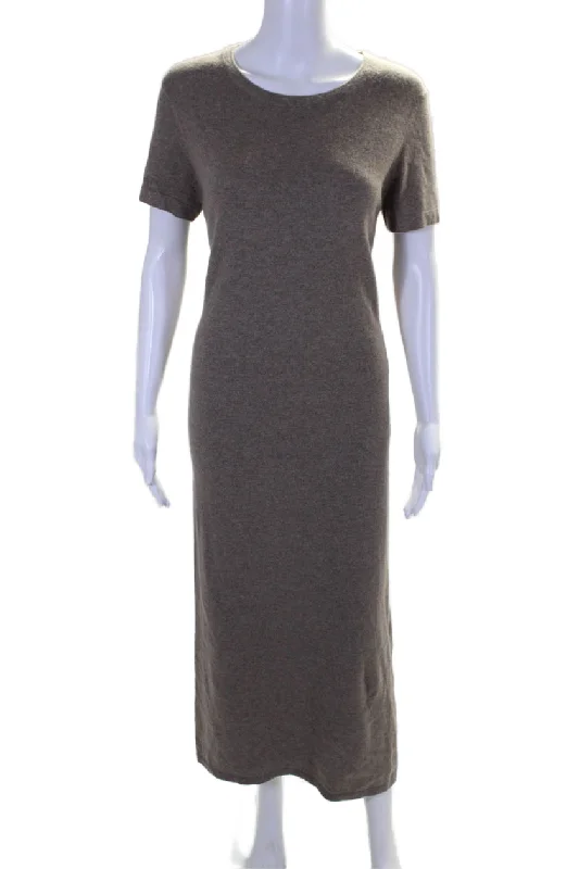 Jenni Kayne Womens Short Sleeves Crew Neck Sweater Dress Beige Wool Sleek Sweater Dress