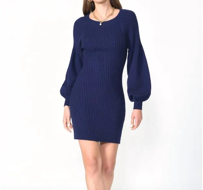 Mellie Ribbed Puff Sleeve Sweater Dress In Marine Blue Elegant Knit Sweater