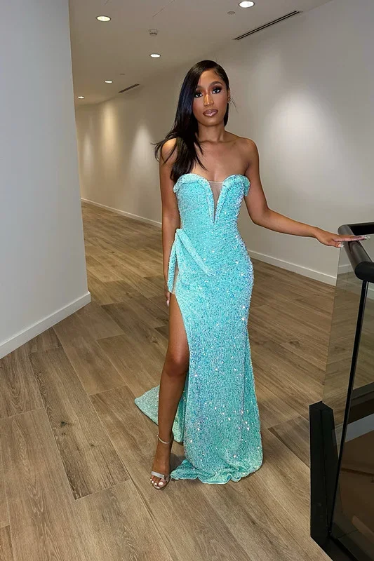 Baby Blue Sequins V Neck Strapless Long Evening Dress with Slit,DP1583 Stylish Sequin Dress