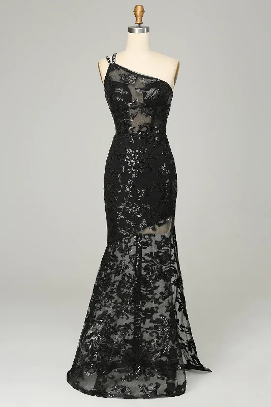 Black One Shoulder Backless Sequins Lace Long Prom Dress,DP1521 Sequin Dress Sexy