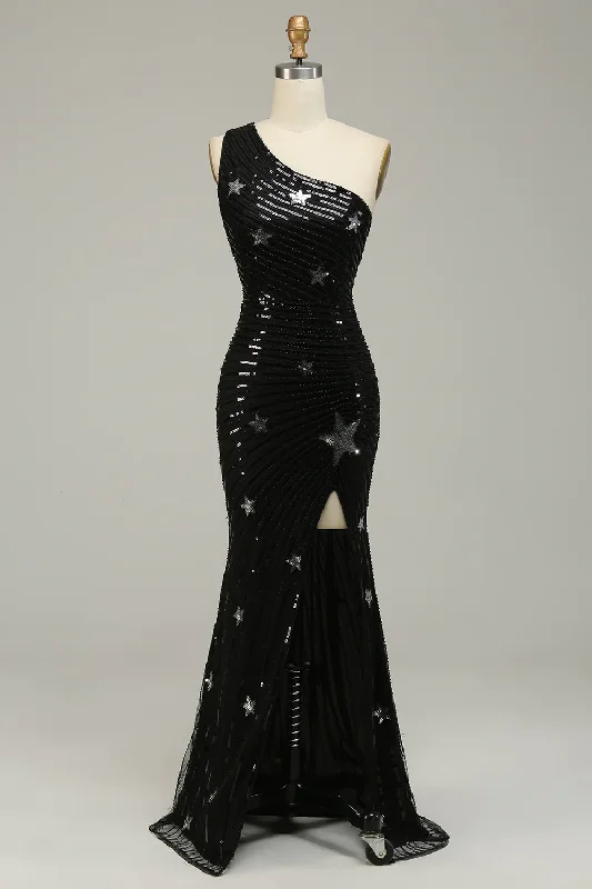 Black One Shoulder Star Sequins Mermaid Long Prom Dress,DP1524 Sequin Wrap Dress