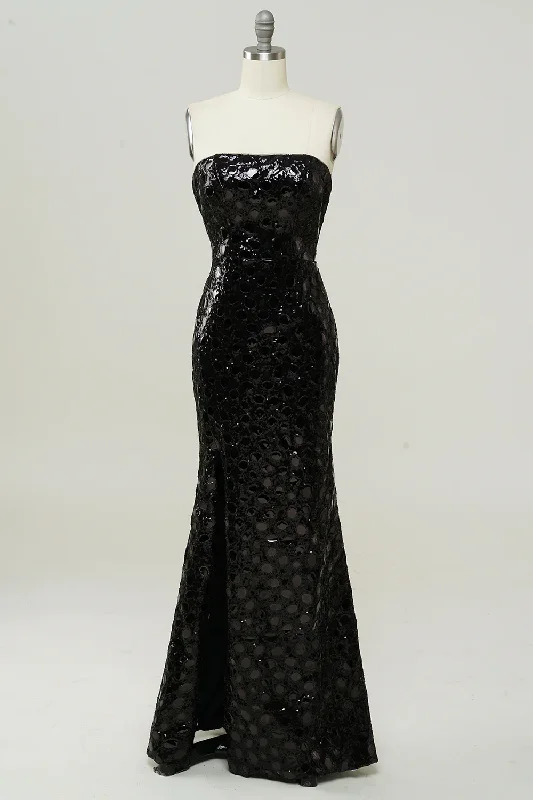 Black Strapless Sequined Mermaid Long Prom Dress with Slit,DP1525 Sequin Dress Look