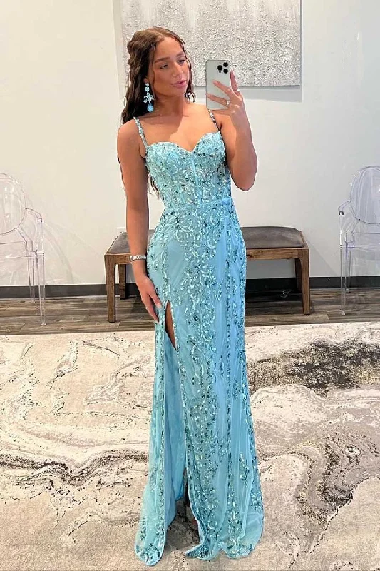 Blue Spaghetti Straps Sequined Mermaid Long Prom Dress with Slit,DP1478 Sequin Dress Fashion