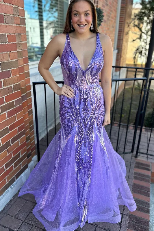 Lavender V Neck Tulle Sequins Backless Mermaid Long Prom Dress,DP1390 Sleeveless Sequin Dress