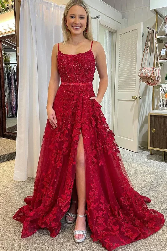 Red A-Line Spaghetti Straps Scoop Neck Sequins Lace Long Prom Dress,DP1349 Sequin Dress Twist