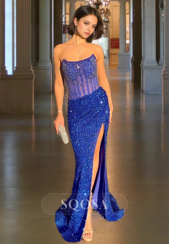 Strapless Tube Top Fitted Prom Dress with Beaded Sleeveless Sweep Train Slit Sequins Evening Dress Sequin Dress Chic