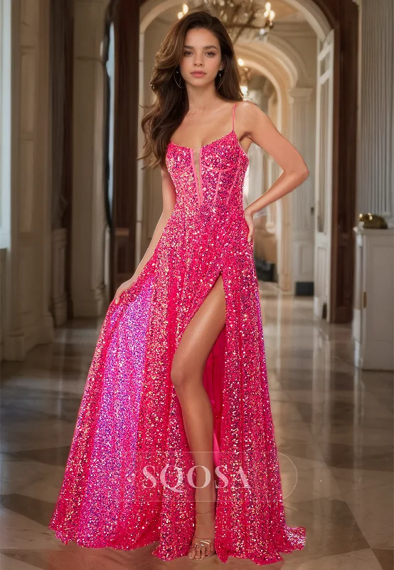 Plunging V-Neck Spaghetti Straps Sleeveless A-Line Prom Dress Pleated Sequined High Slit Formal Gowns Bright Sequin Dress