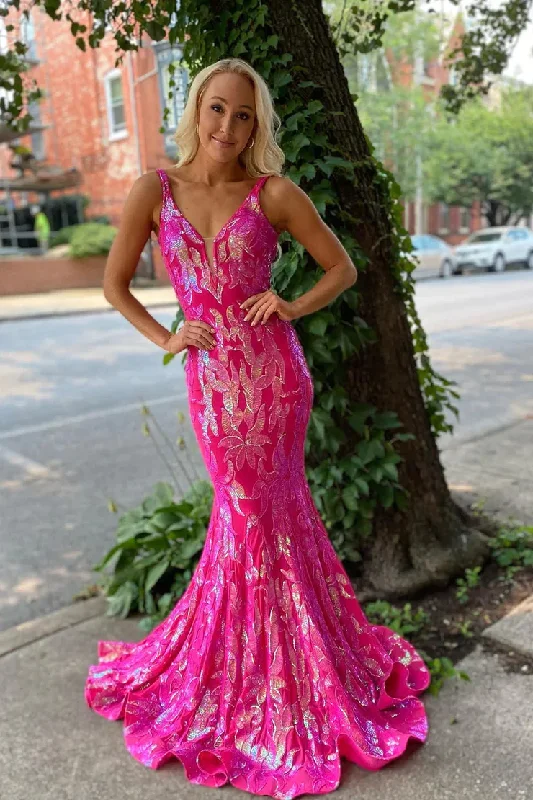 Hot Pink V Neck Sequins Mermaid Long Prom Dress,DP1380 Flirty Sequin Dress