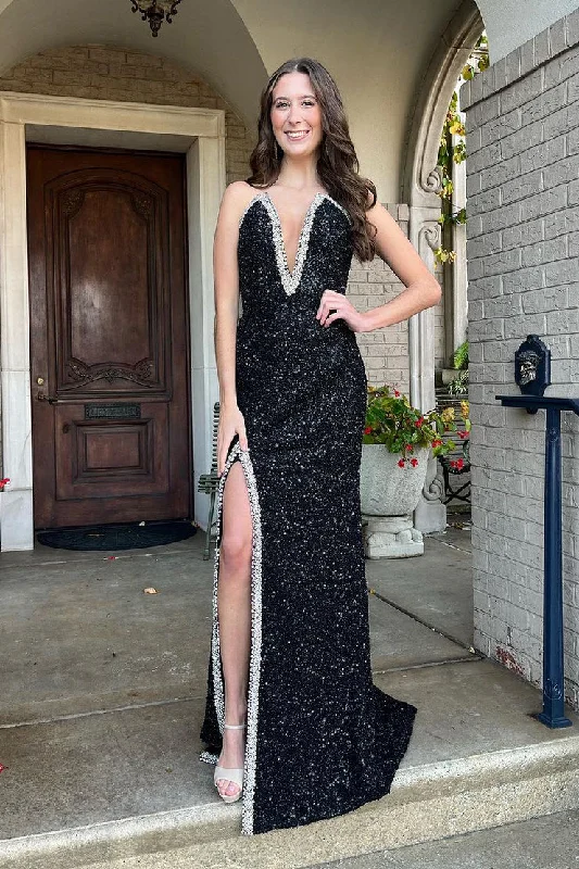 Black Deep V Neck Sequins Mermaid Long Prom Dress with Beading,DP1386 Glam Sequin Dress