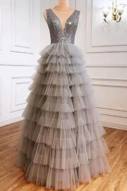 Gray A-Line Tulle Layered Sequins Long Prom Dress Evening Gown,DP1417 Sexy Sequined Dress