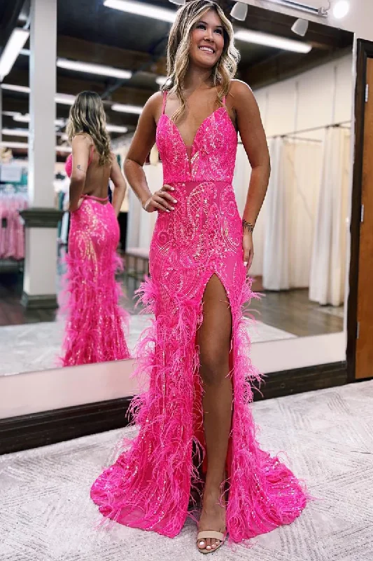 Hot Pink Sequined V Neck Feather Long Prom Dress with Slit,DP1751 Sequin Bodycon Dress