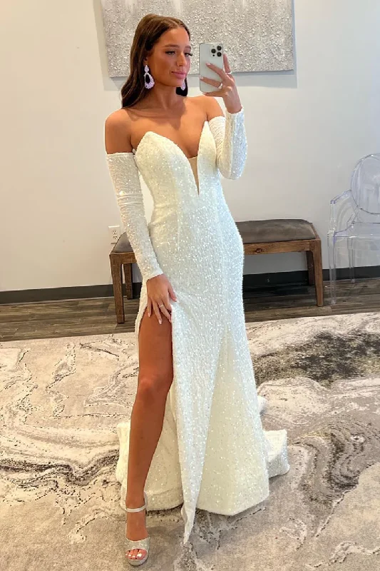 Ivory Sequins Strapless Deep V-Neck Long Prom Dress with Slit,DP1571 Sequin Lace Dress