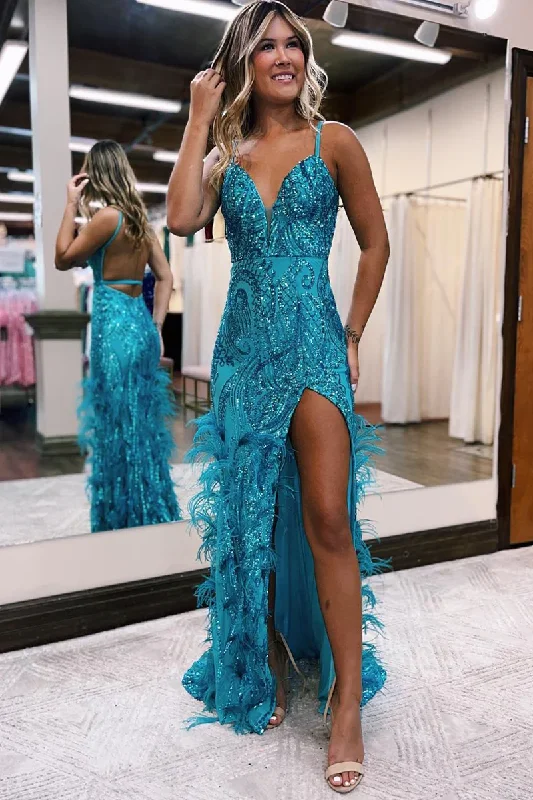 Jade Sequined V Neck Feather Long Prom Dress with Slit,DP1752 Sequin Party Dress