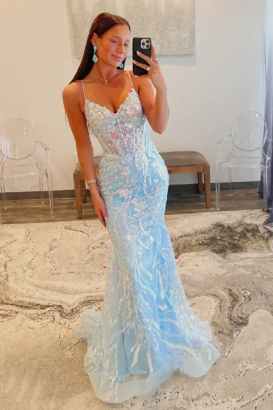 Light Blue V Neck Tulle Sequins Mermaid Long Prom Dress,DP1377 All-Over Sequin Dress