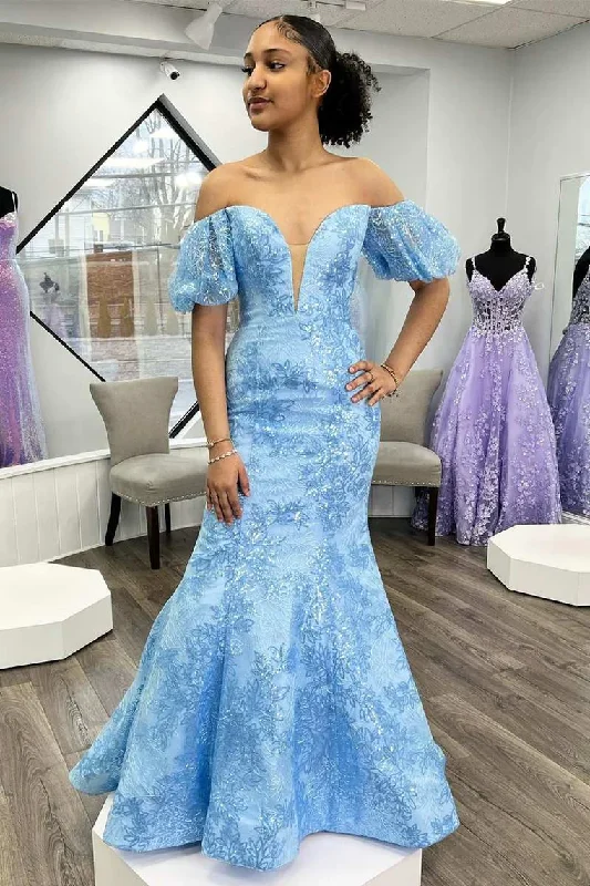 Light Blue Puff Off-Shoulder Mermaid Embroidery Sequined Long Prom Dress,DP1314 Party Sequin Dress