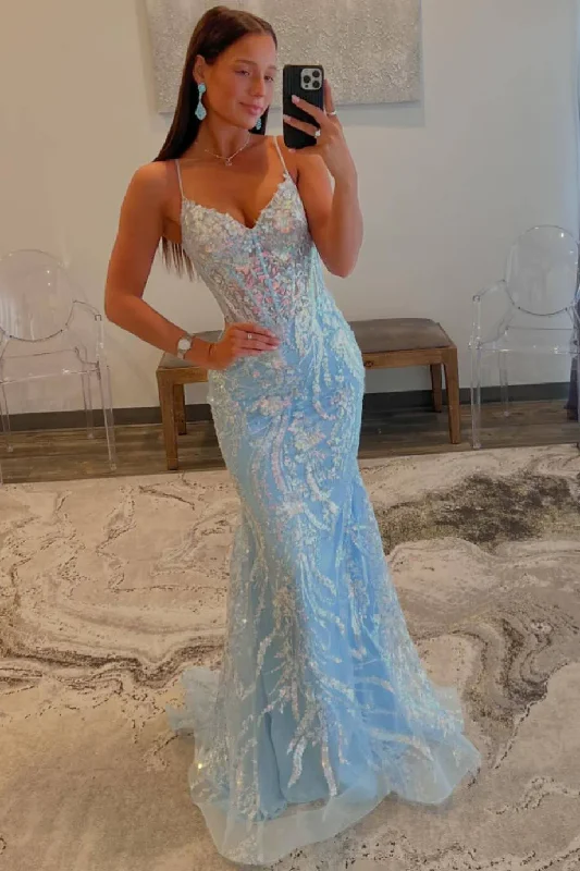 Light Blue Straps V-Neck Sequin Appliques Mermaid Long Prom Dress,DP1323 Glamorous Sequin Dress