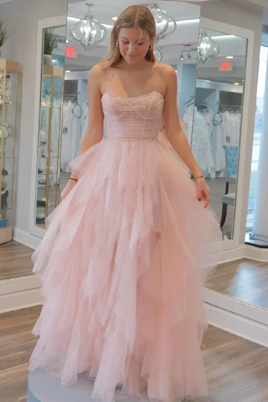 Light Pink A-Line Strapless Sequin Beaded Ruffle Tulle Long Prom Dress,DP1551 Sequin Maxi Dress