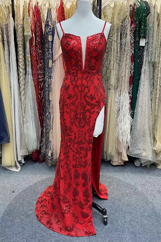 Red Sequined Mermaid Straps Deep V-neck Long Prom Dress with Slit,DP1341 Modern Sequin Gown