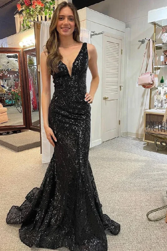 Black V Neck Sequins Backless Mermaid Long Prom Dress,DP1347 Lush Sequin Dress