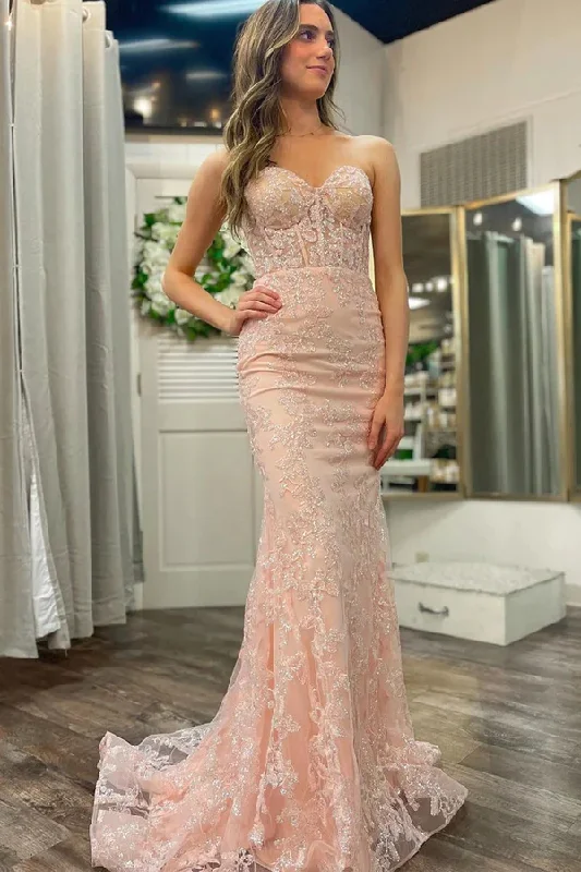 Pink Sweetheart Strapless Sequined Lace Mermaid Long Prom Dress,DP1611 Sequin Detail Dress