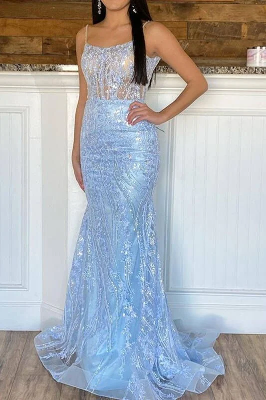 Light Blue Straps Tulle Sequins Mermaid Long Prom Dress,DP1360 Elegant Glitter Sequin